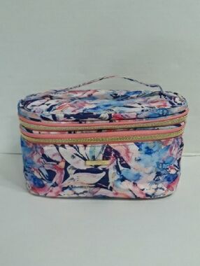Sophia Joy Double Zip Cosmetic Case Blue & Pink In Breezy Fashion Pattern *EUC*